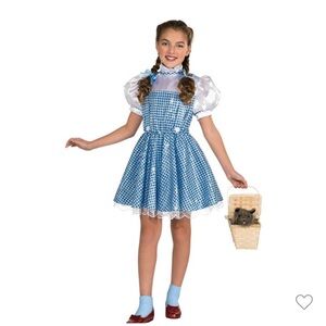 Dorothy kids  Costume with dog, basket, and hair ribbons.